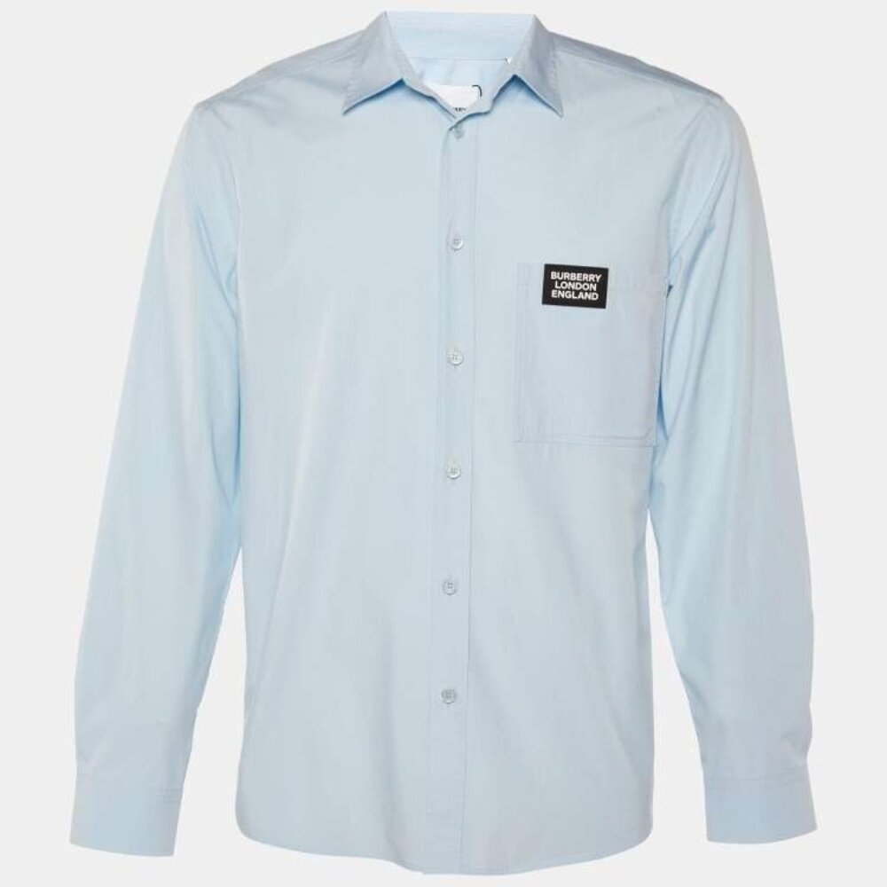 Burberry Men’s Soloman Logo Pocket Detail Cotton Button Front Shirt Pale…